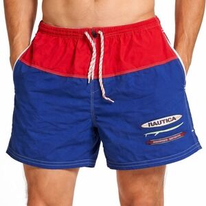 Vtg Nautica Summer Sports Swim Trunks XL Red Blue Colorblock Surfboard Mesh Line